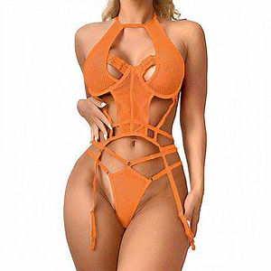 Women Frange Fishnet Teddy Cut Out Bodysuit Chemise Nightwear with Garter
